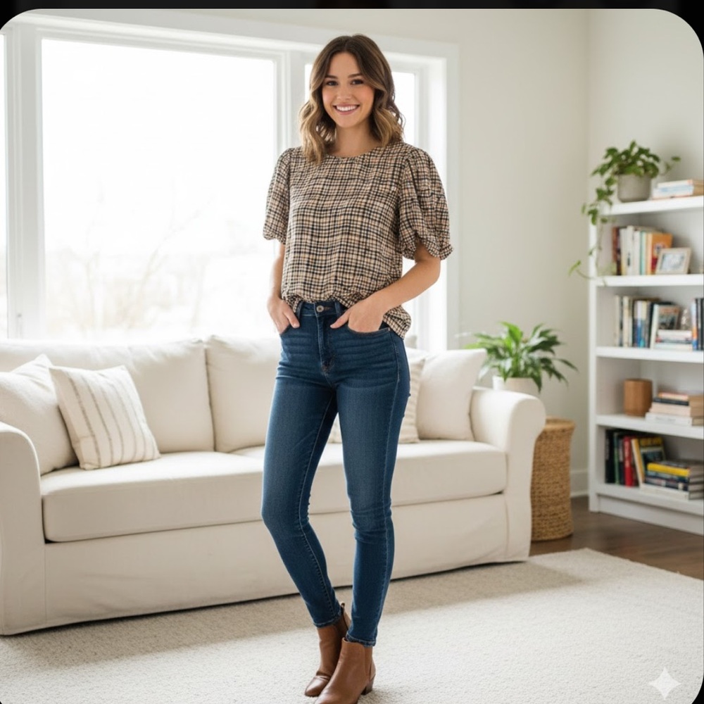 A NEW DAY | Checkered Blouse in Brown and Cream